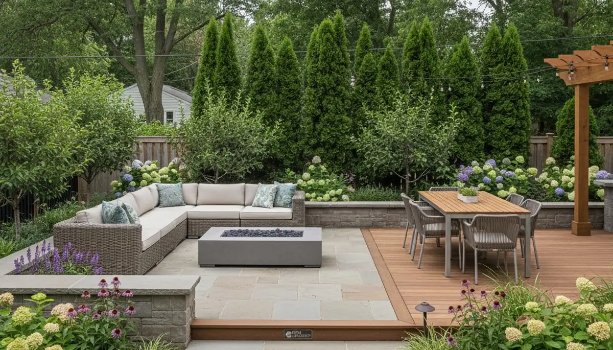 Backyard patio and garden design by professional landscapers in Detroit, MI with lighting and outdoor seating