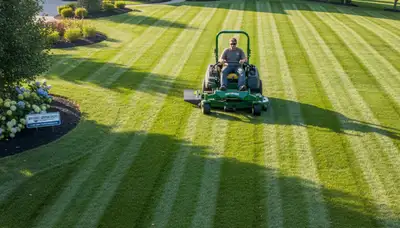 Commercial mower cutting precise striped lawn patterns at Detroit, MI property by Chop Chop Landscaping