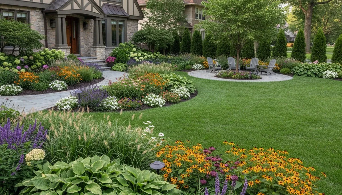 Complete property landscape transformation with lawn, plantings, and stonework in Detroit, MI