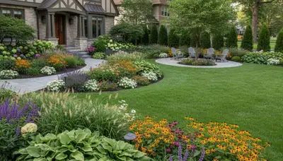 Complete property landscape transformation with lawn, plantings, and stonework in Detroit, MI
