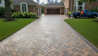 Completed interlocking paver driveway installation by professional landscapers in Detroit, MI