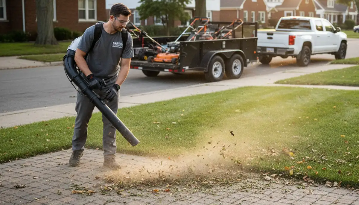 Technician using leaf blower for debris cleanup on maintained lawn in Detroit, MI landscaping service