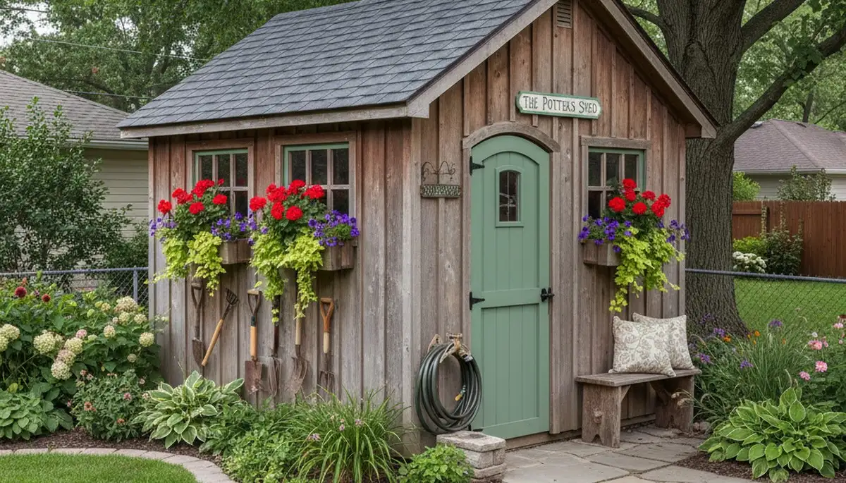 Decorative garden shed with plantings in Detroit, MI residential landscape by Greater Detroit Landscaping