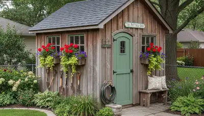 Decorative garden shed with plantings in Detroit, MI residential landscape by Greater Detroit Landscaping