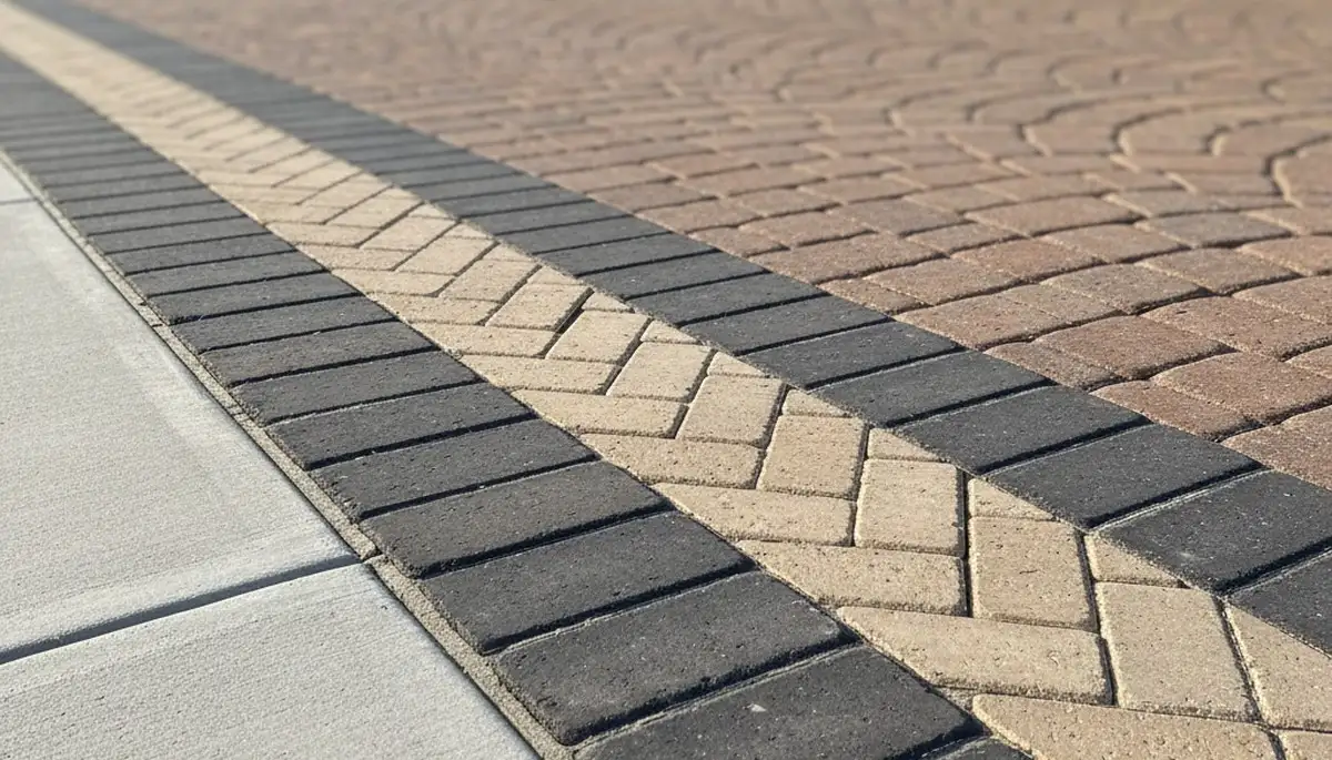 Close-up of decorative driveway paver border and edging by professional landscapers in Detroit, MI