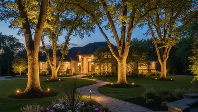 Dramatic tree uplighting design highlighting mature trees at night by Chop Chop Landscaping in Detroit, MI