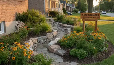 Eco-friendly rain garden with natural filtration and water recycling by Chop Chop Landscaping in Detroit, MI