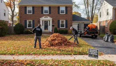 Landscapers raking and bagging fall leaves during yard clean up in Detroit, MI
