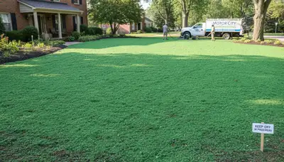 Fresh hydroseed application evenly coating soil by Chop Chop Landscaping in Detroit, MI