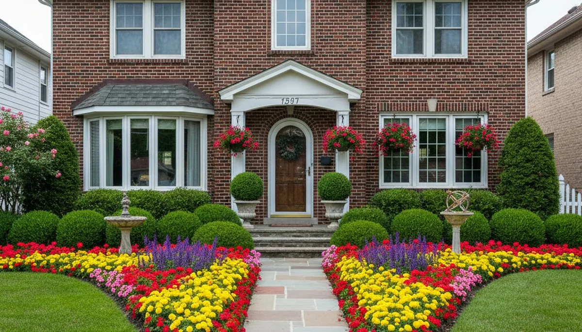 Front yard landscape design with colorful plants and shrubs enhancing home entrance in Detroit, MI