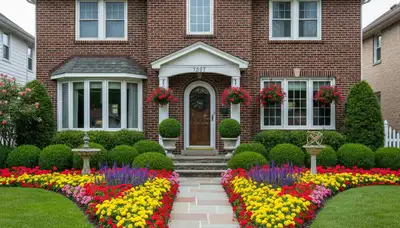Front yard landscape design with colorful plants and shrubs enhancing home entrance in Detroit, MI