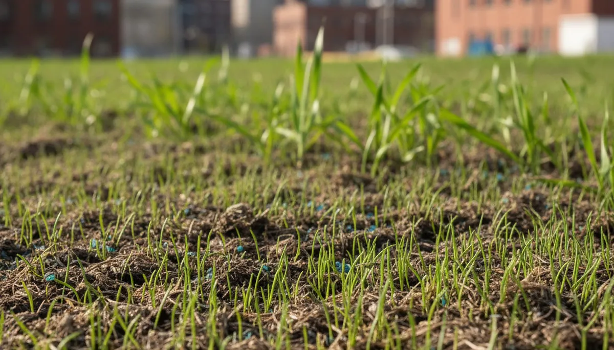 Hydroseeded lawn seedlings sprouting in Detroit, MI, showing new grass growth by Chop Chop Landscaping