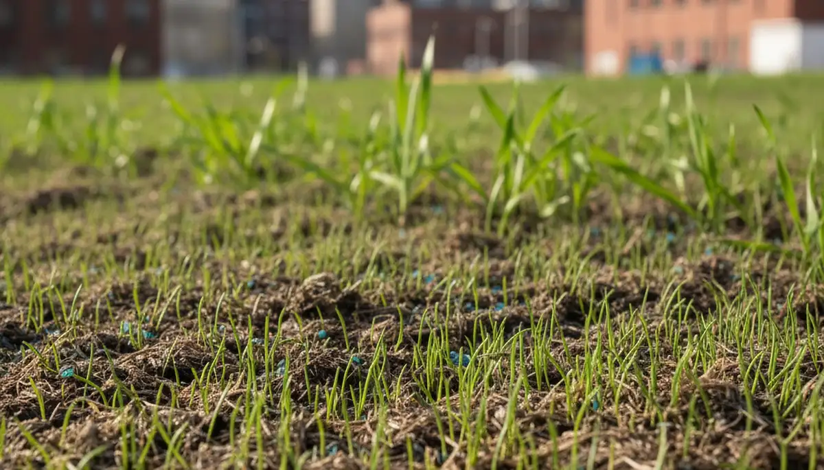 Hydroseeded lawn seedlings sprouting in Detroit, MI, showing new grass growth by Chop Chop Landscaping