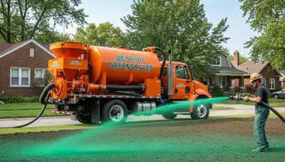 Hydroseeder truck spraying green slurry for lawn installation in Detroit, MI by Chop Chop Landscaping