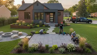 Landscaping crew providing lawn care and yard maintenance in Detroit, MI