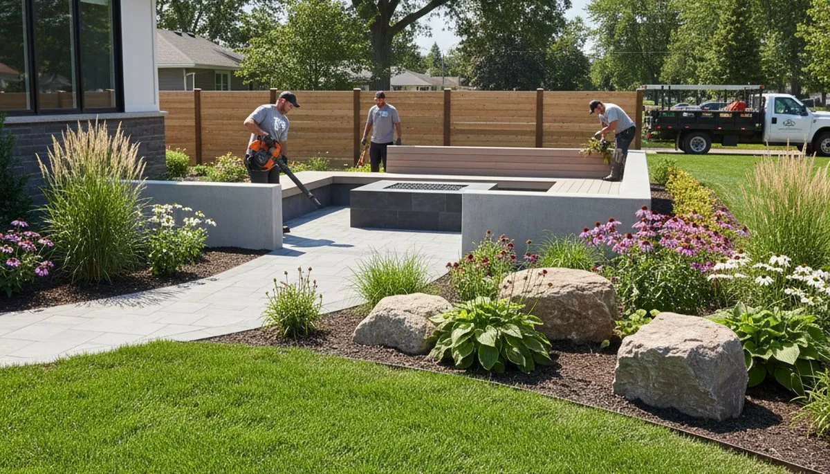 Detroit, MI landscaping service crew preparing a residential yard for lawn care and garden maintenance