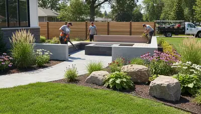 Detroit, MI landscaping service crew preparing a residential yard for lawn care and garden maintenance
