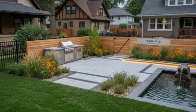 Landscape service crew working in a Detroit, MI yard for residential landscaping maintenance