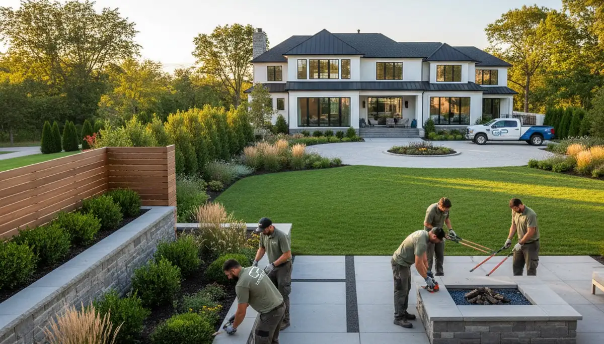 Detroit, MI landscaping service team preparing a residential yard for maintenance