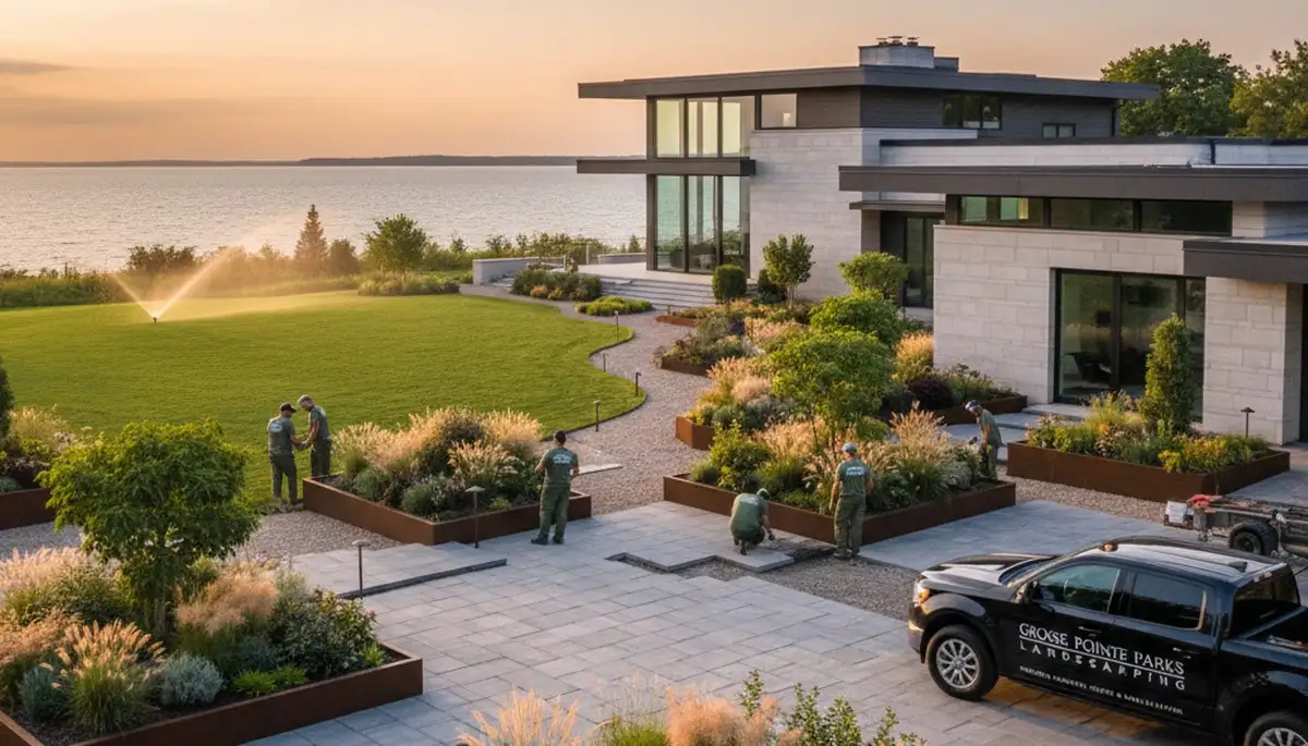 Landscaping crew providing lawn care and outdoor maintenance in Detroit, MI