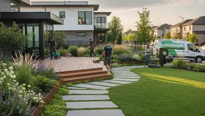 Landscaping crew servicing a Detroit, MI property with professional lawn and landscape care
