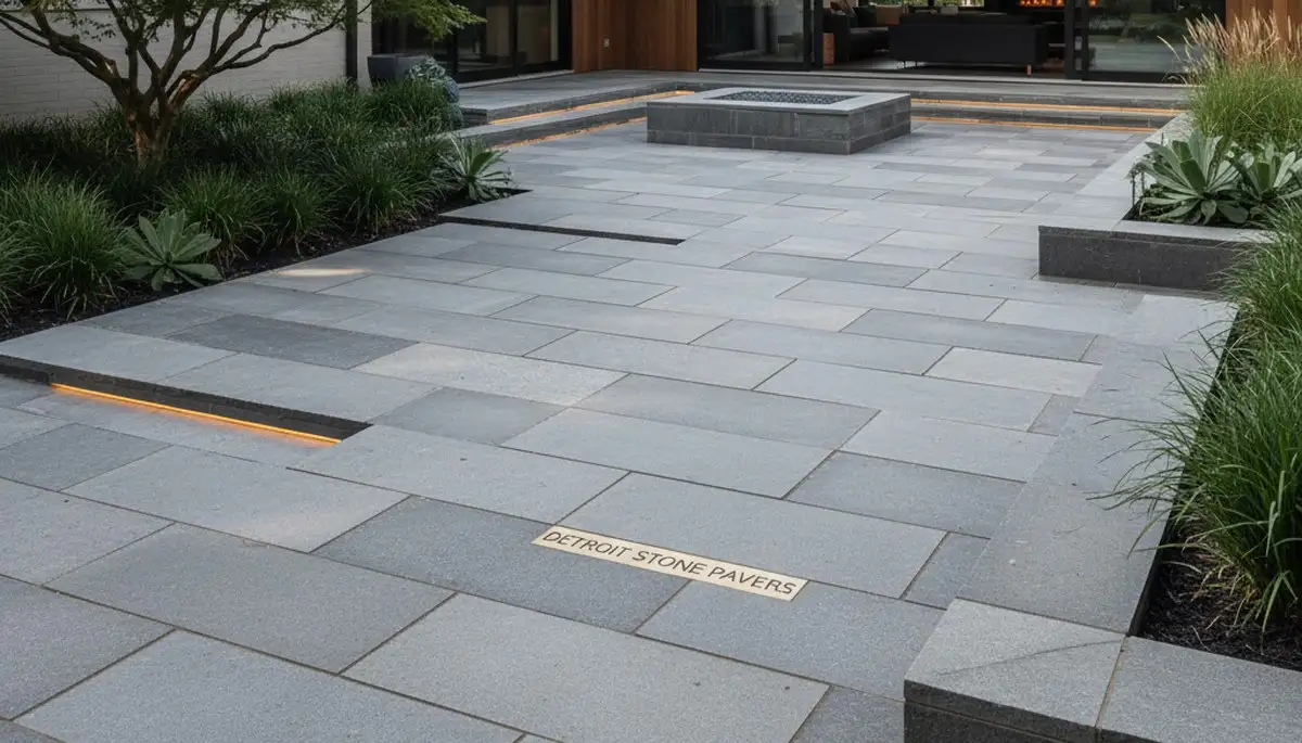 Large format stone slab patio installation by professional landscapers in Detroit, MI