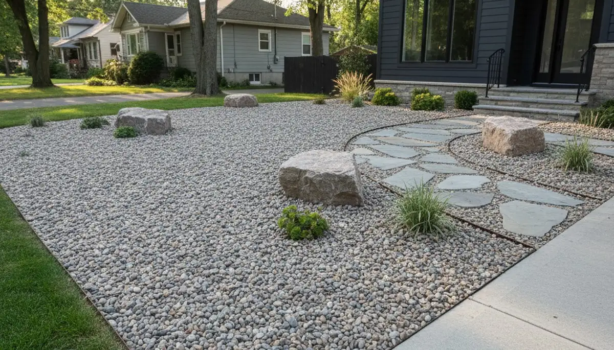 Pea gravel ground cover used as low-maintenance landscaping in Detroit, MI by Chop Chop Landscaping
