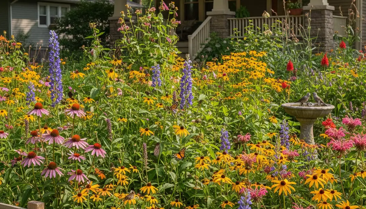 Native pollinator garden with bee-friendly plants by organic landscapers in Detroit, MI
