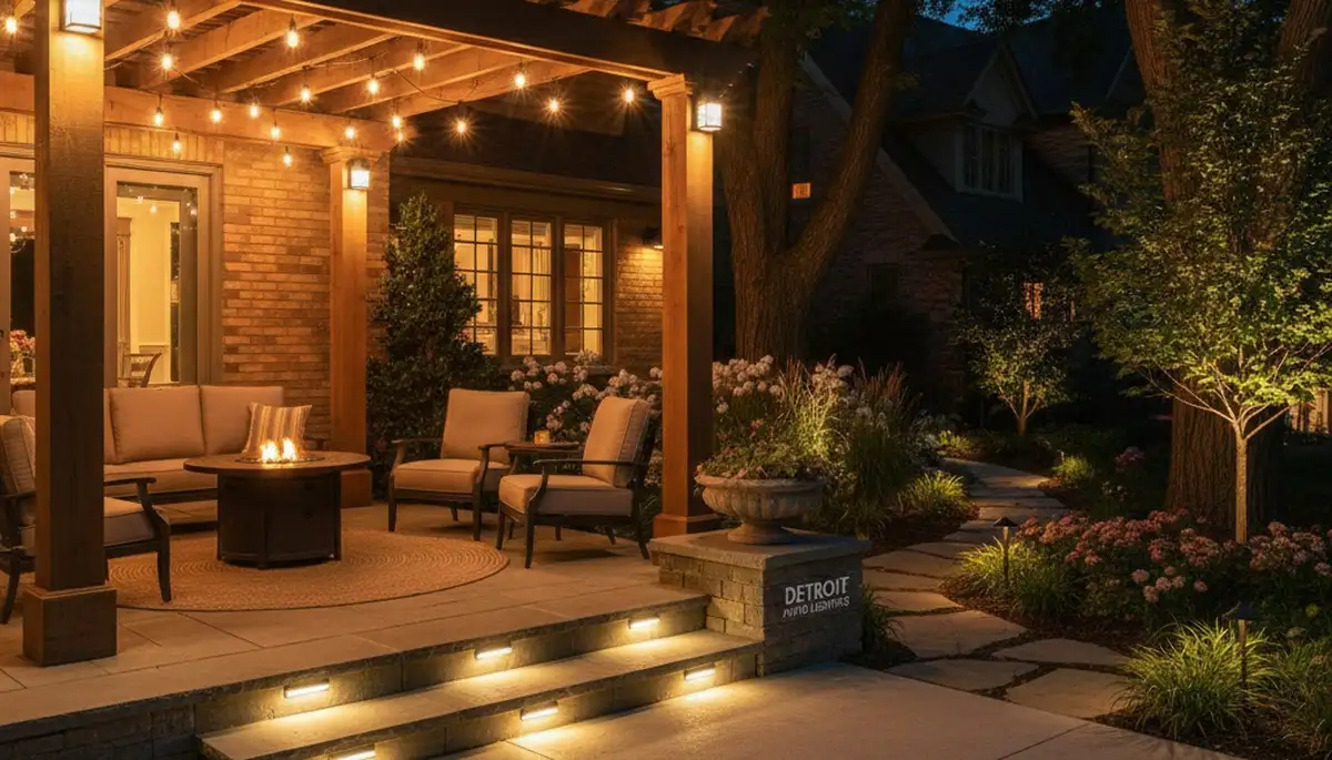 Illuminated patio with post cap and step lights by Chop Chop Landscaping in Detroit, MI