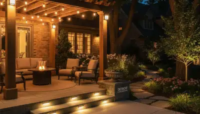 Illuminated patio with post cap and step lights by Chop Chop Landscaping in Detroit, MI