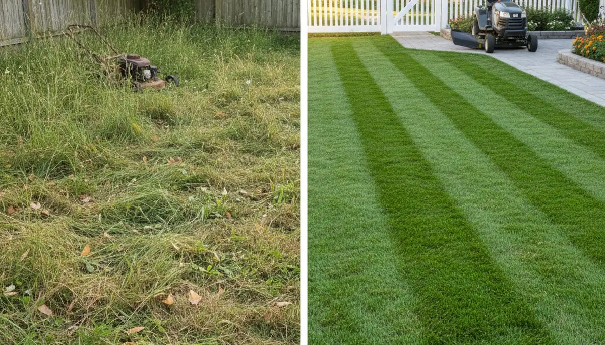 Overgrown to freshly mowed lawn transformation by professional landscapers in Detroit, MI