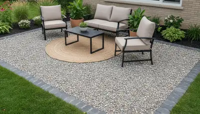 Professional pea gravel patio installation with outdoor seating in Detroit, MI landscaping project