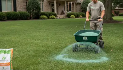 Lawn care technician applying fertilizer with broadcast spreader in Detroit, MI residential yard