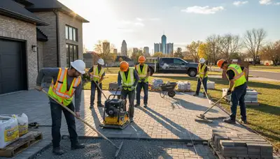 Technicians installing driveway pavers in Detroit, MI with base preparation and leveling work