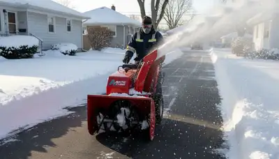 Professional snow blower clearing residential driveway in Detroit, MI by Greater Detroit Landscaping