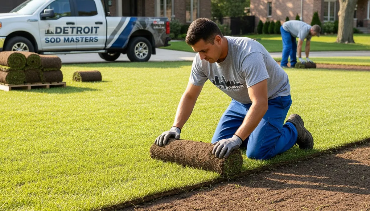 Professional landscaper installing fresh sod rolls on a Detroit MI lawn for seamless grass coverage