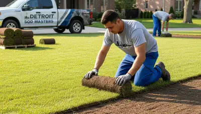 Professional landscaper installing fresh sod rolls on a Detroit MI lawn for seamless grass coverage