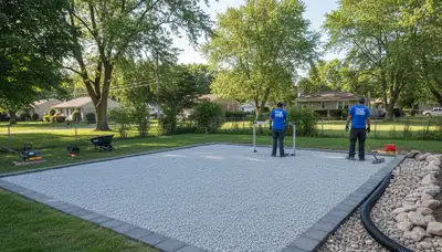 Professional shed foundation and base prep with gravel pad by Detroit MI landscaping experts