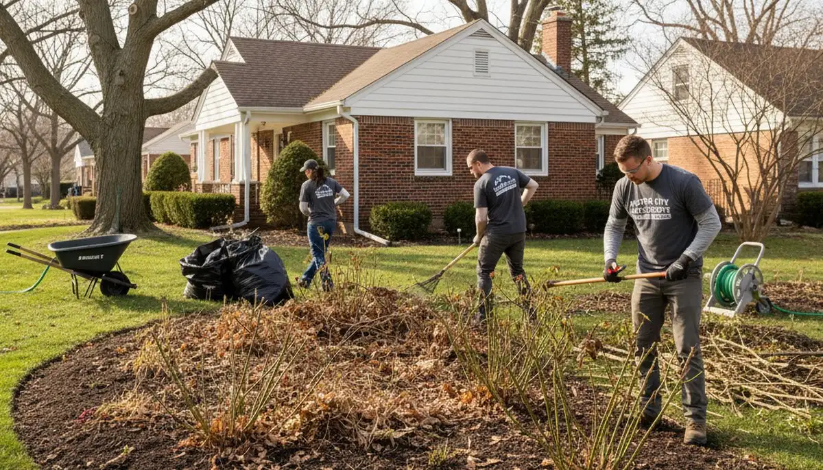 Detroit landscapers performing spring yard cleanup, clearing debris and pruning for seasonal refresh