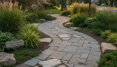 Curved stone paver pathway with natural landscaping in Detroit, MI by Chop Chop Landscaping