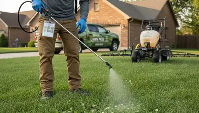 Lawn care technician applying weed control treatment in Detroit, MI with pro sprayer and safety gear