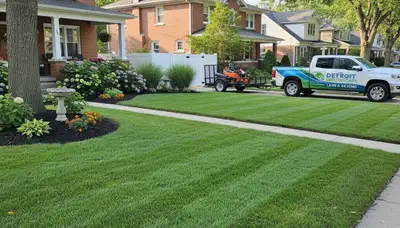 Professional lawn maintenance at a Detroit MI home with lush grass, clean edges, and expert landscaping care